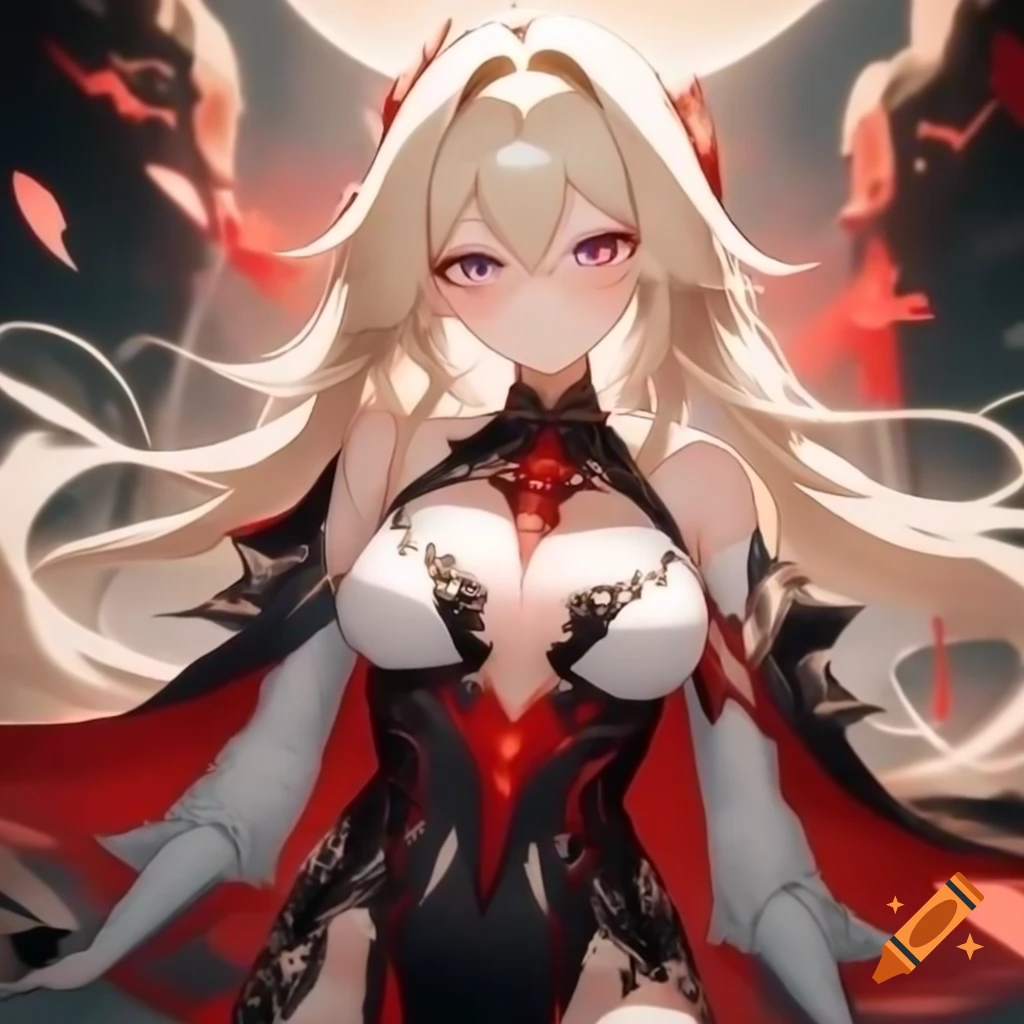 Anime heroine with blonde hair and blue eyes in elegant red and black dress