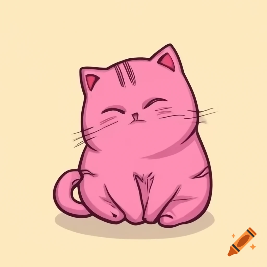 Cartoon fat pink kitten sitting sideways