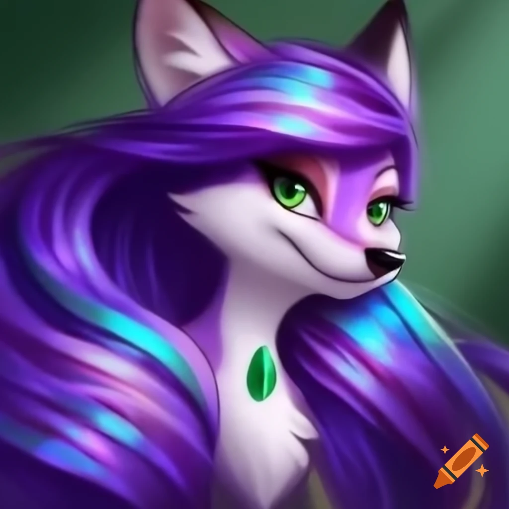 Charming Disney-style fox with iridescent purple and emerald hair and green-rimmed ears