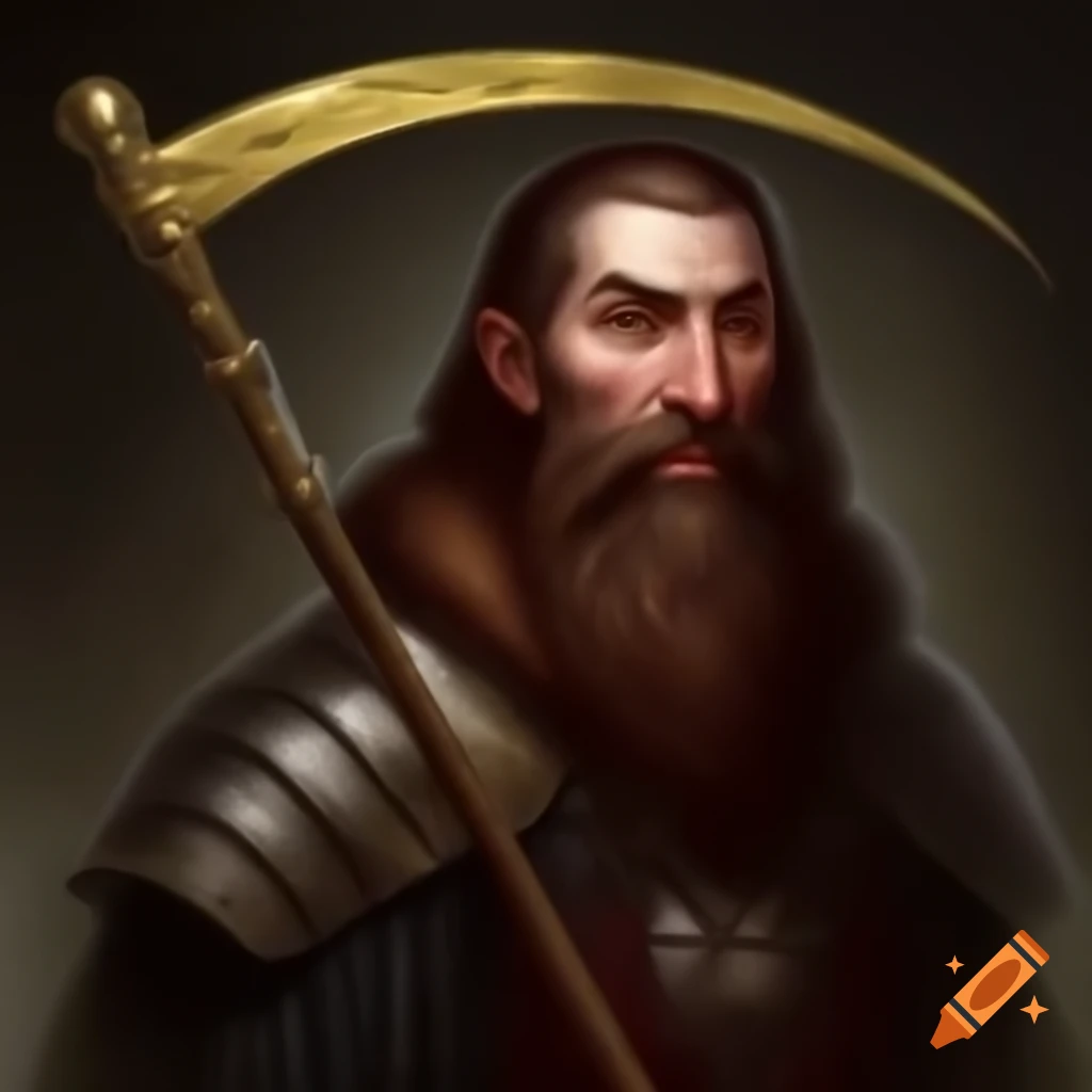 Portrait of medieval alchemist cultist with brass sickle