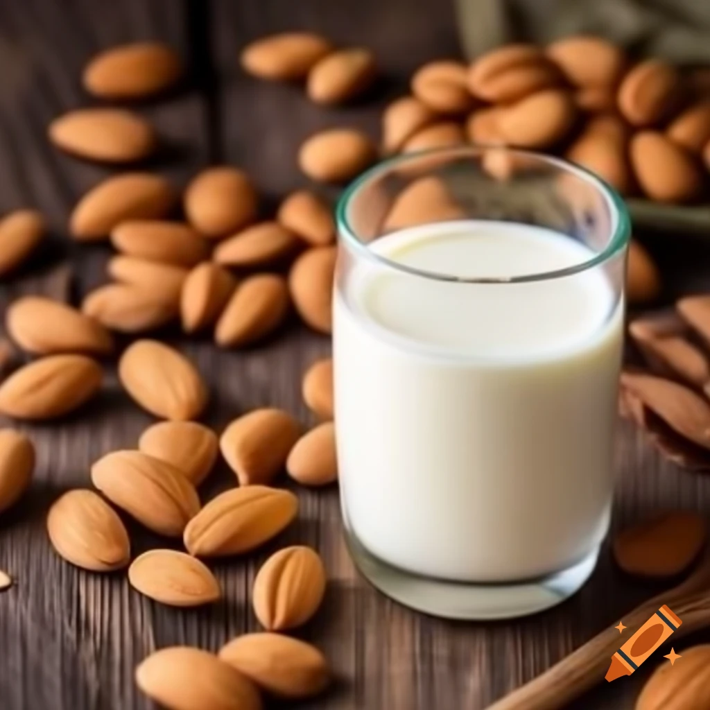 Glass of almond milk with whole almonds on rustic wooden surface