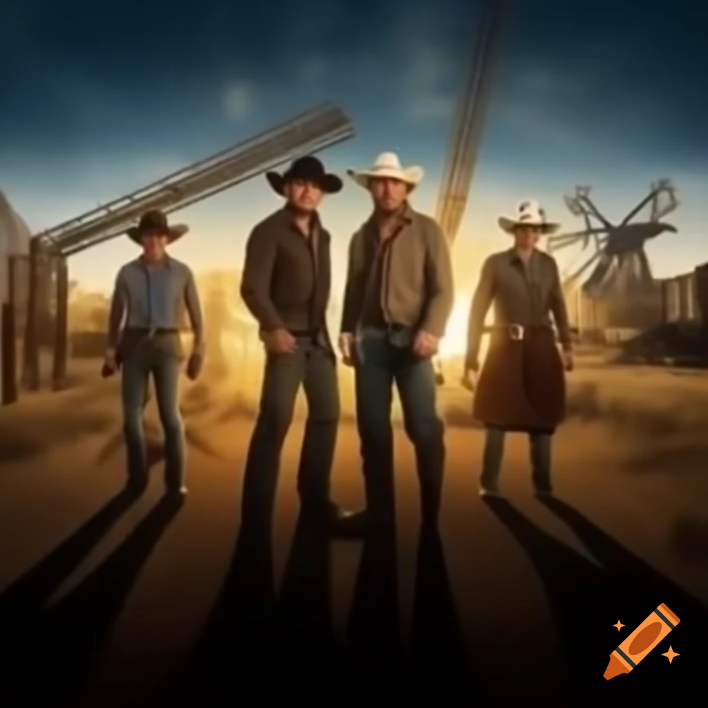 Western film poster featuring four male characters with broken mill backdrop