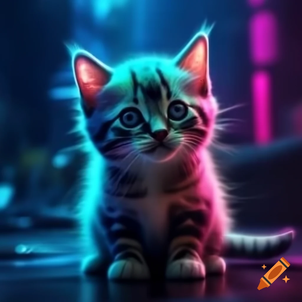 Tri-color kitten with lilac eyes leaping in synthwave light and dreamlike shadows