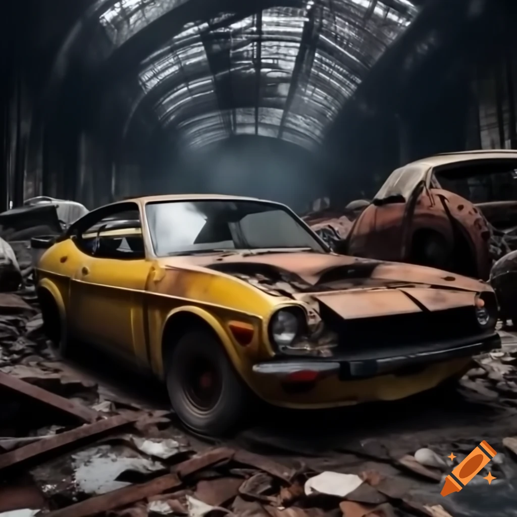Ghosts swirling in dark night near rusty yellow Datsun in haunted junkyard