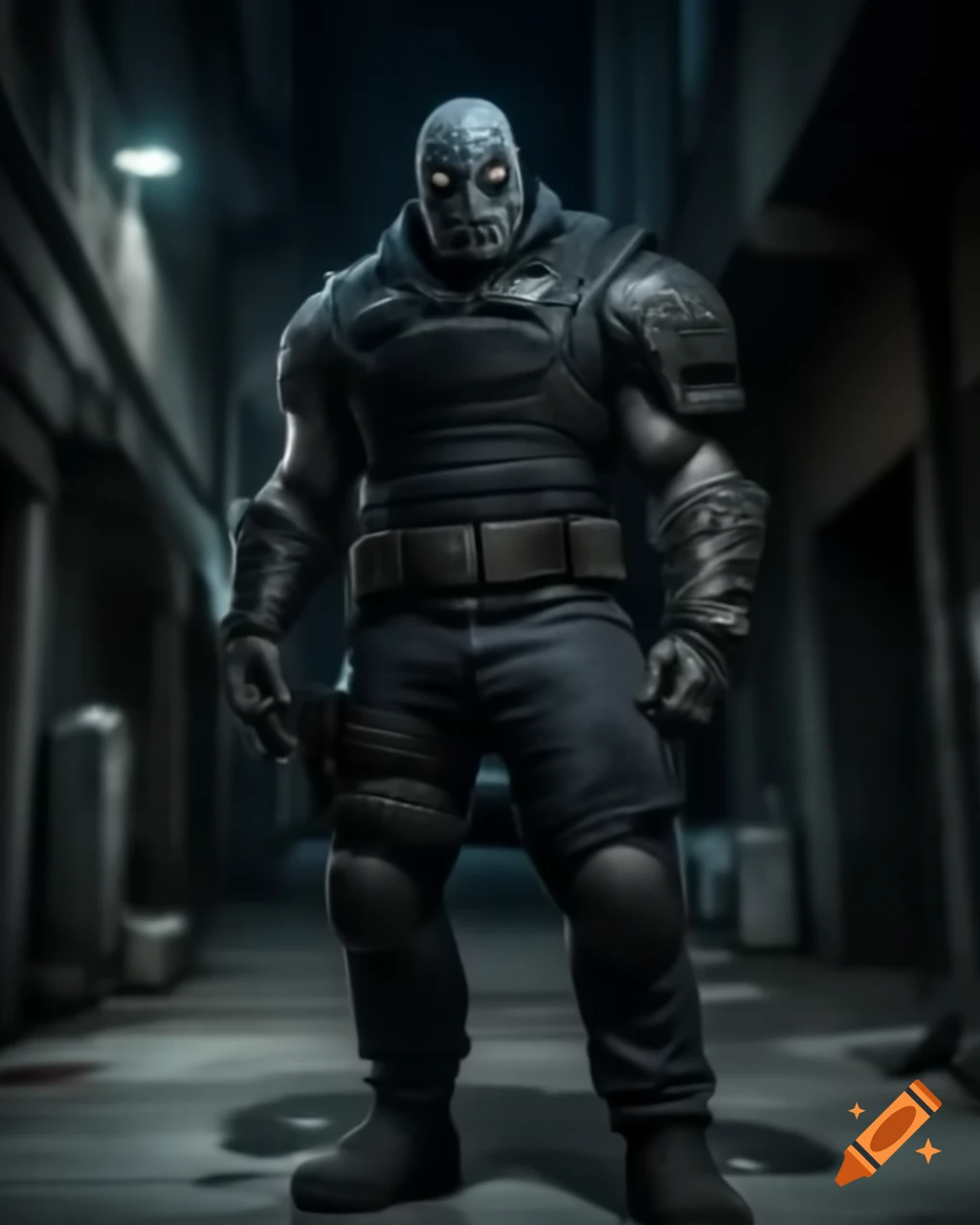 Menacing villain in tactical mask and body armor in dark city alleyway at night