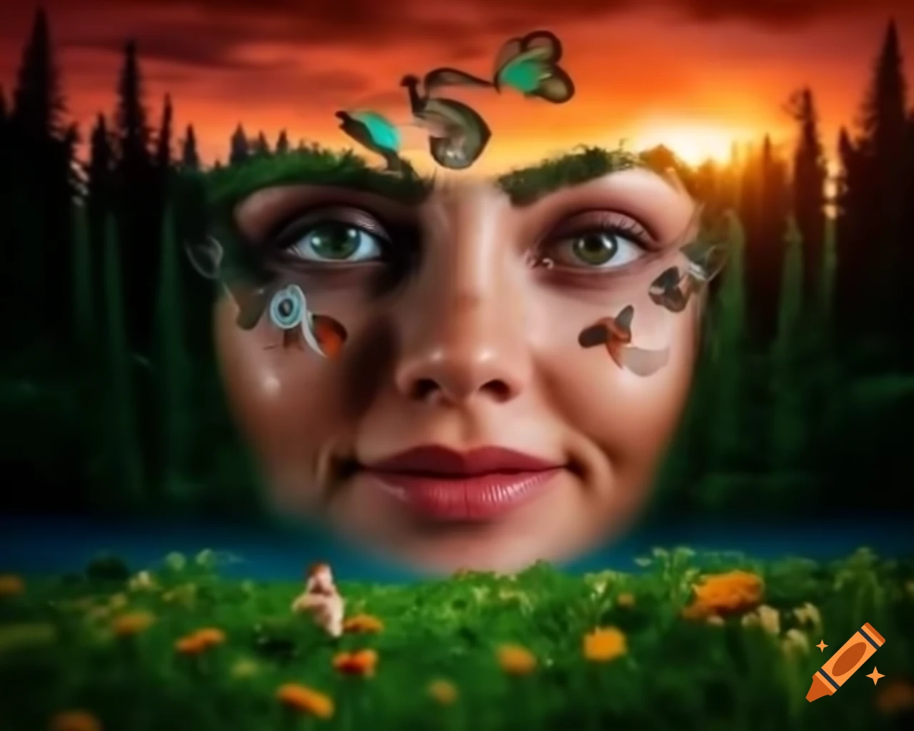 3D render of woman's face in surreal forest with wildflowers and butterflies