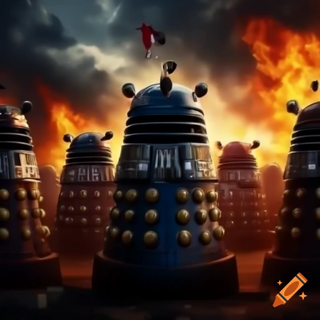 Chancellery Guard of Gallifrey charging into futuristic citadel against Daleks surrounded by vortex energy