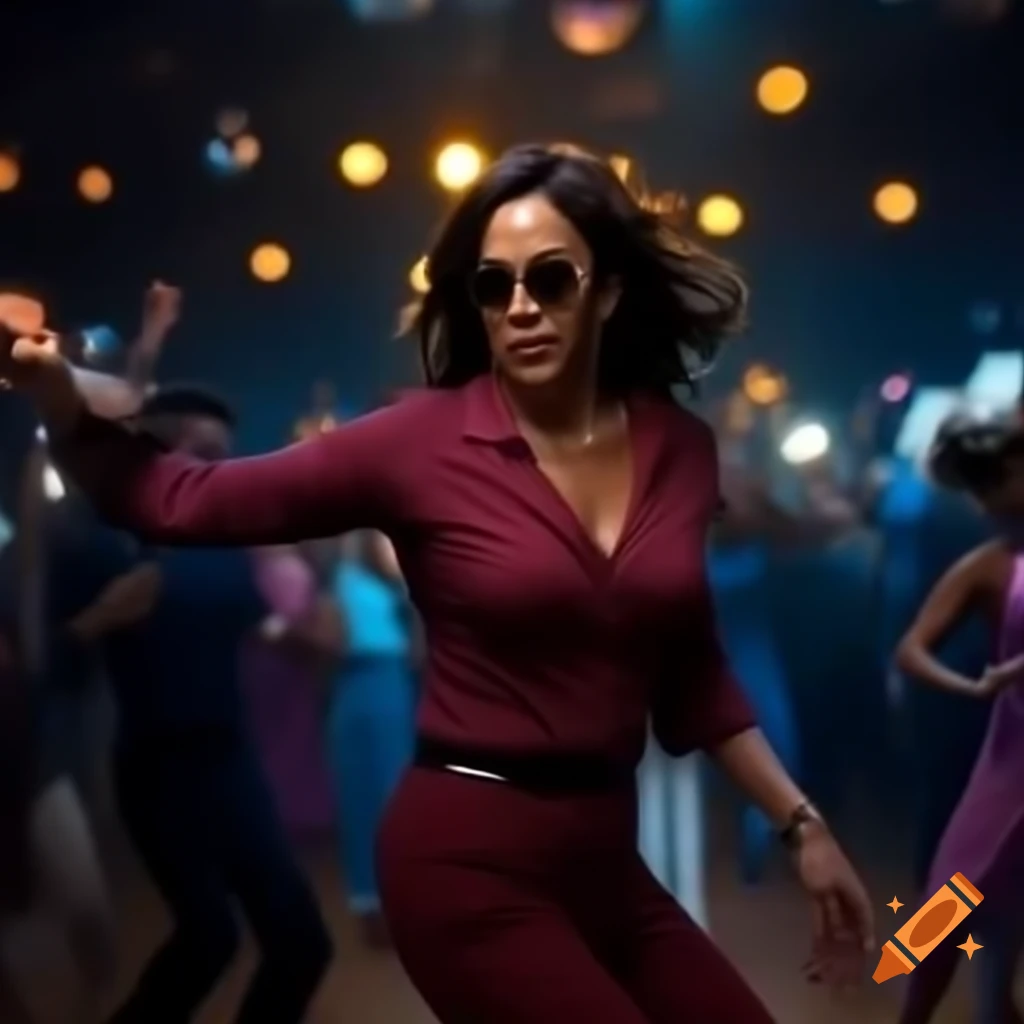 Kamala Harris dancing under colorful disco lights