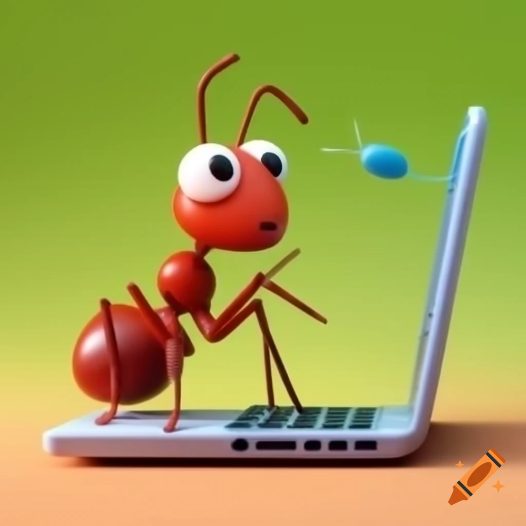 Cartoon of an ant working on a laptop