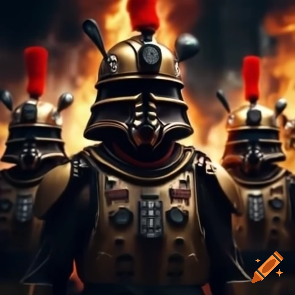 Chancellery Guard of Gallifrey charging into futuristic citadel against Daleks surrounded by vortex energy