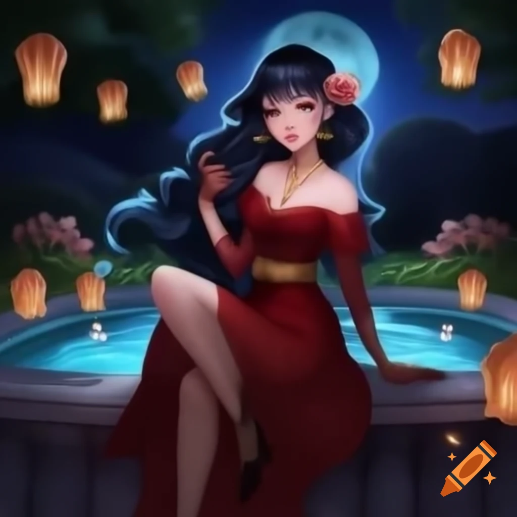 Young woman elegantly seated on grand fountain in moonlit garden