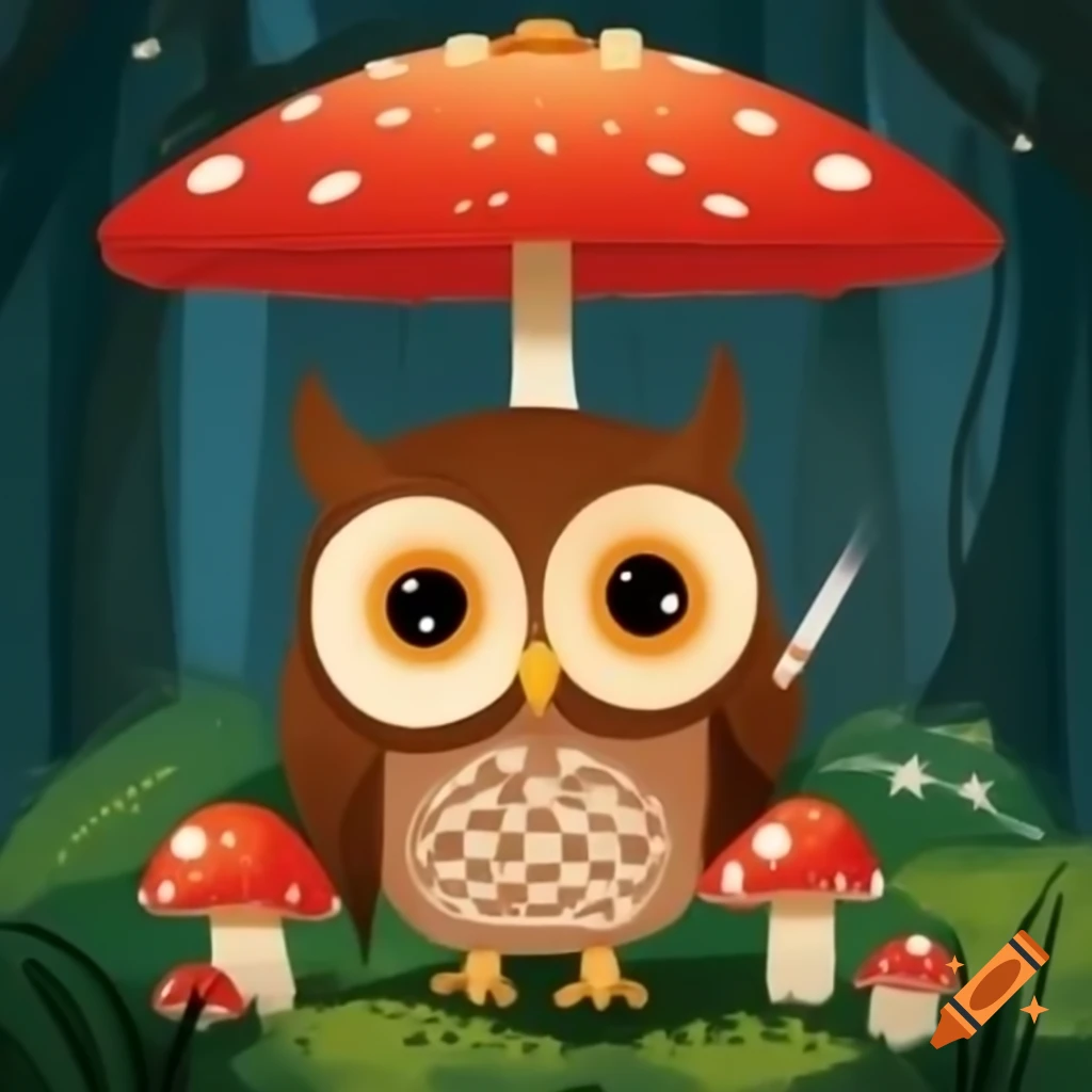 Creative arrangement of umbrella, cigarette mushrooms, and an owl