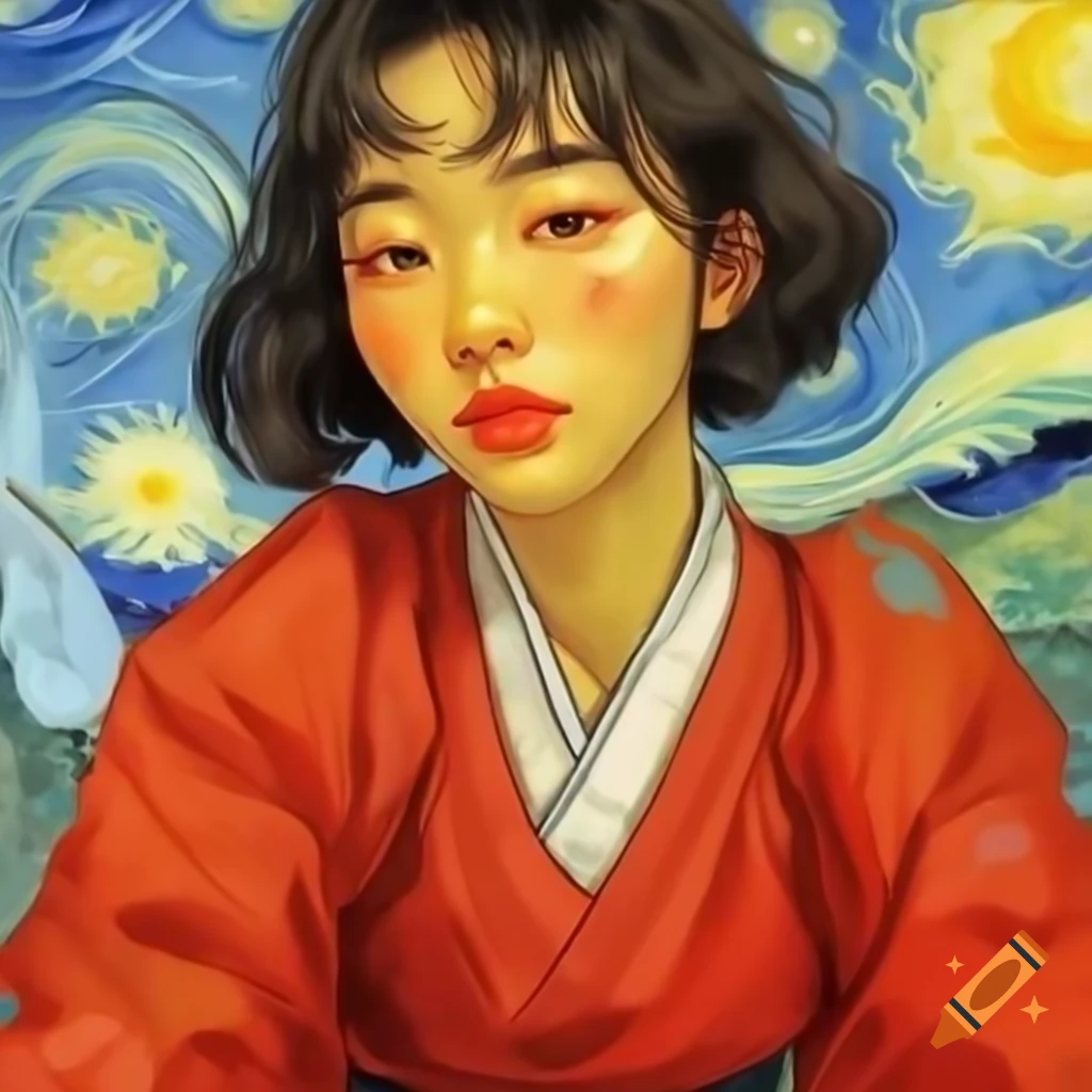 Stunning portrait of Korean woman in red, animated with watercolor and Rembrandt elements