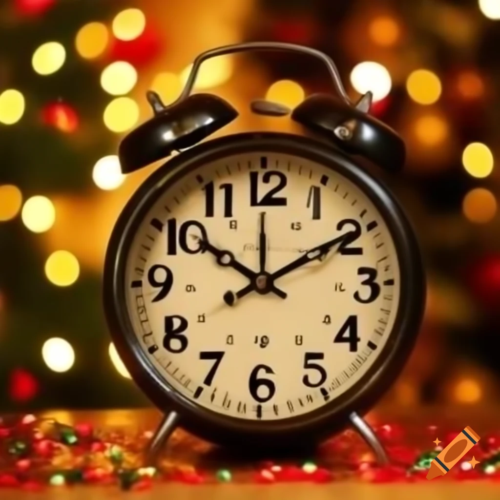 Vintage table clock in bokeh background with festive lights