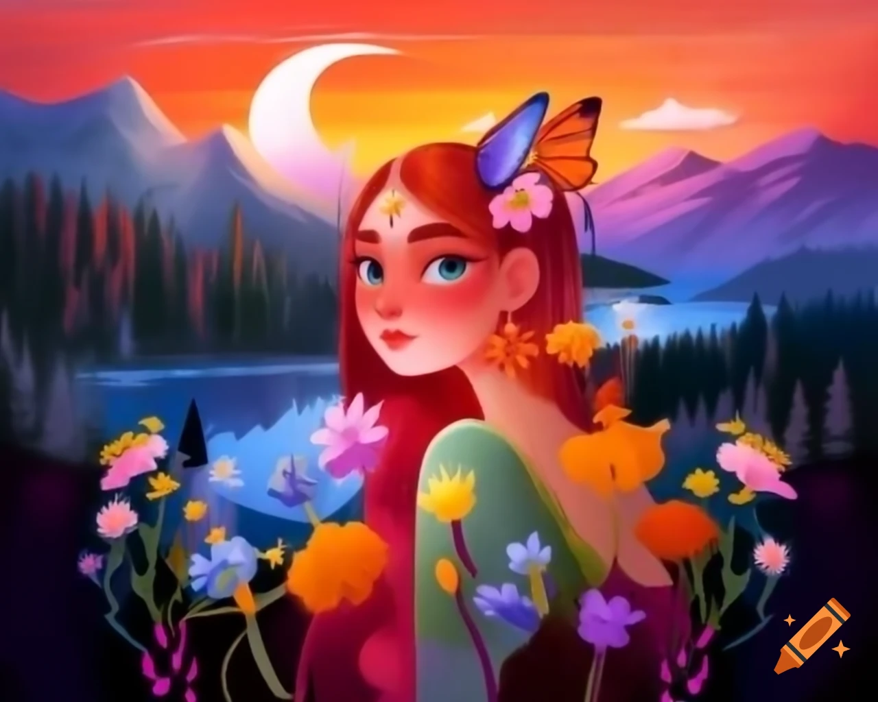 Colorful-haired woman with wildflowers and butterflies, vibrant sunset, elaborate costume