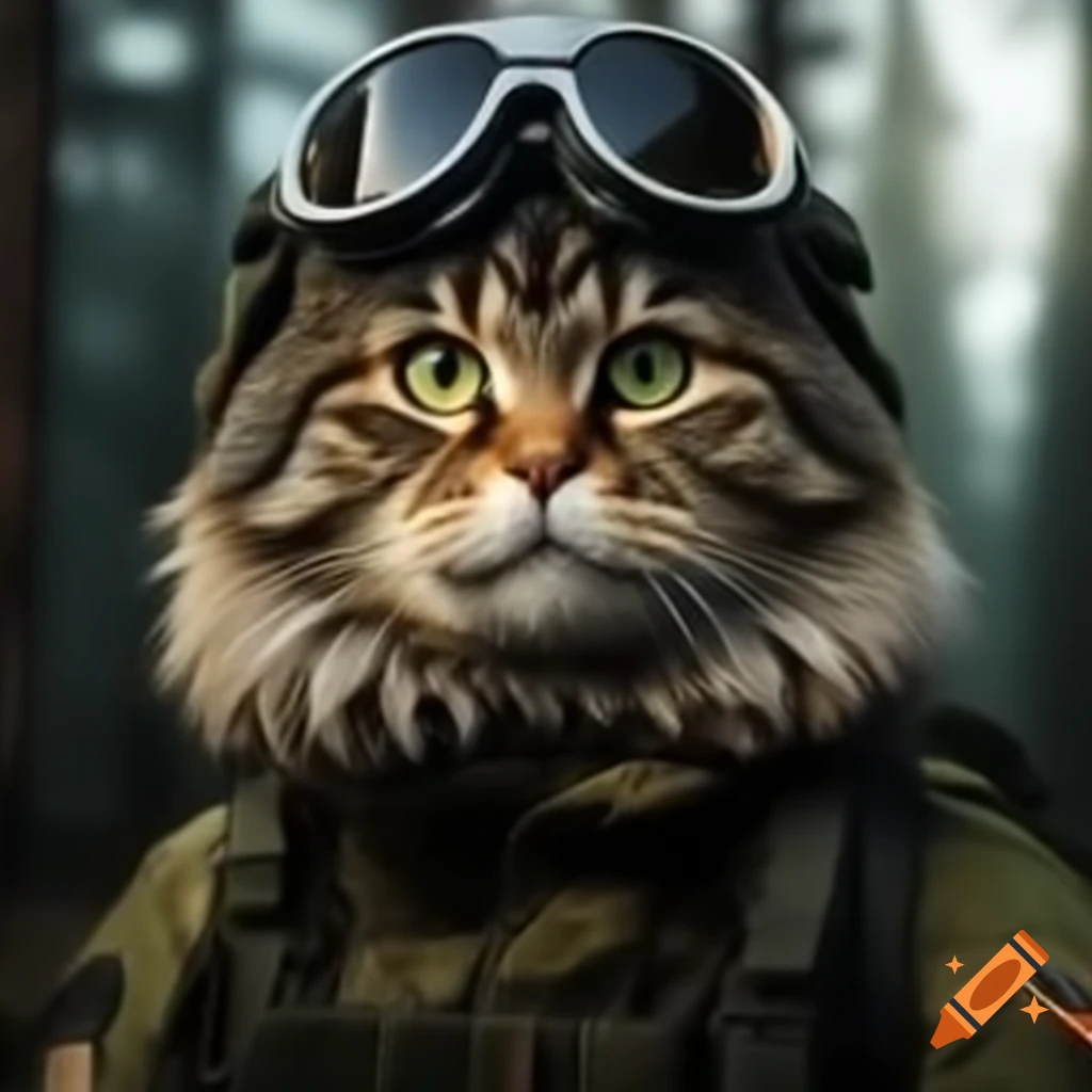 Norwegian forest cat dressed in military gear