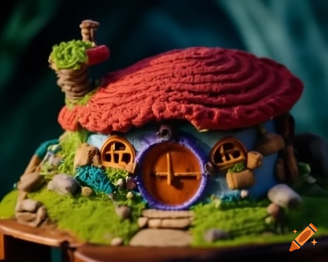 Miniature crocheted hobbit house displayed on a table