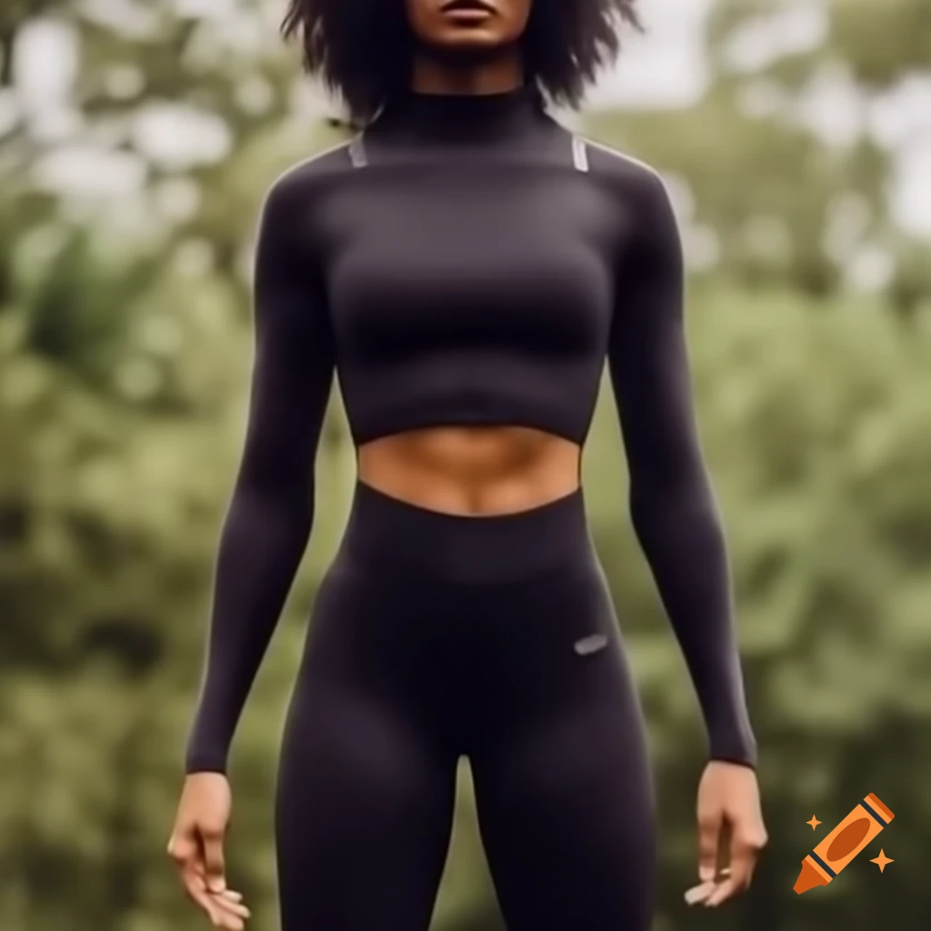 Gorgeous dark-skinned woman wearing a crop top and leggings in natural setting