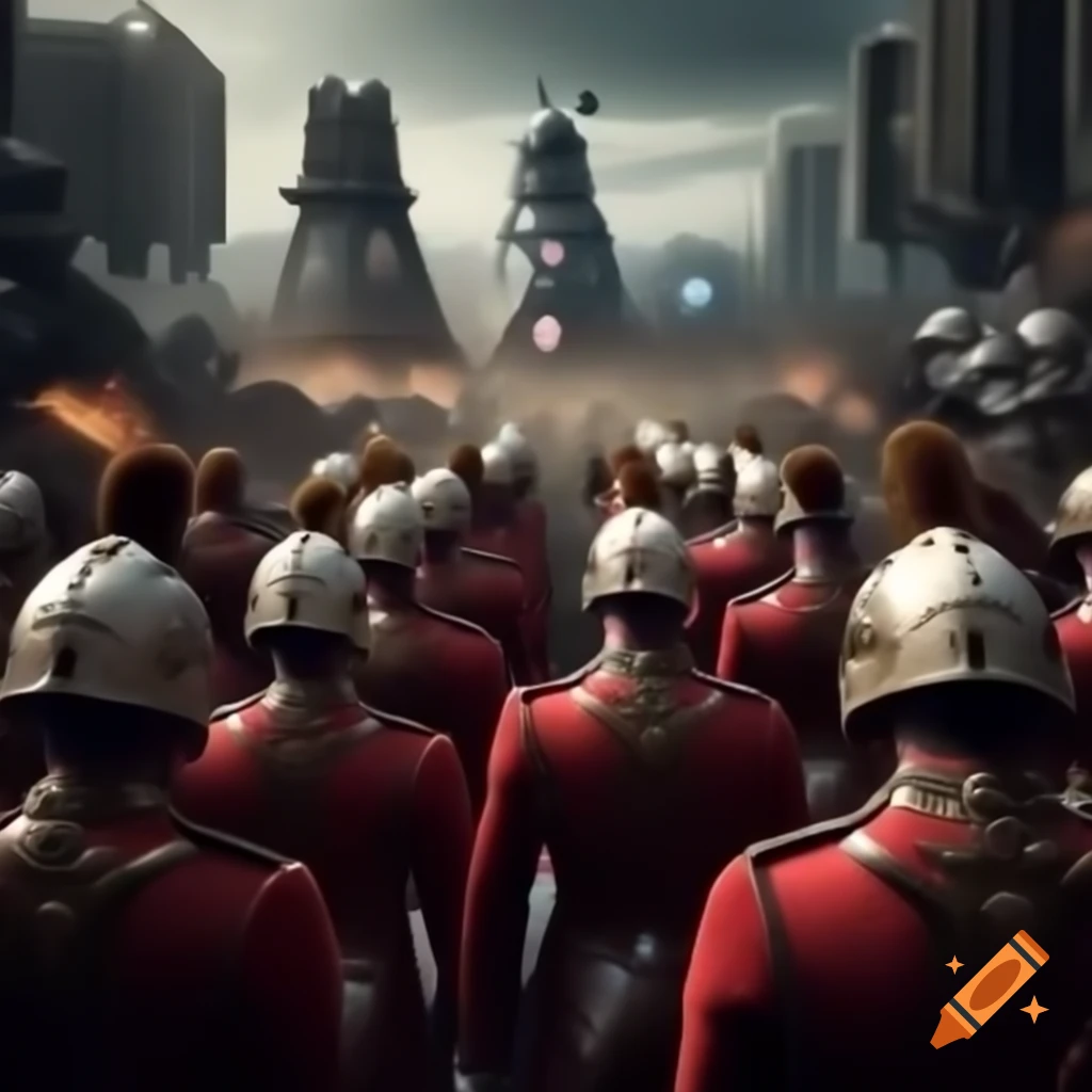 Futuristic troop of Chancellery Guards of Gallifrey in red and white uniforms charging with powers