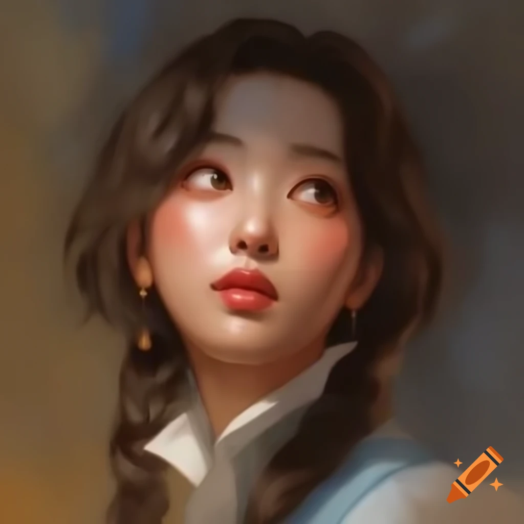 Detailed digital portrait of a charming Korean woman in watercolor style