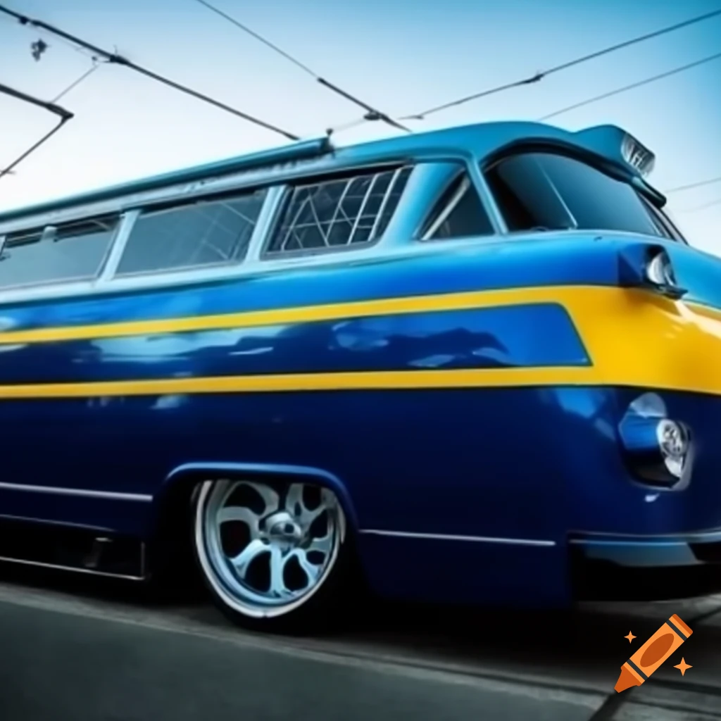 Lowrider tram featuring custom blue and yellow metallic paint job with rims and front spoiler