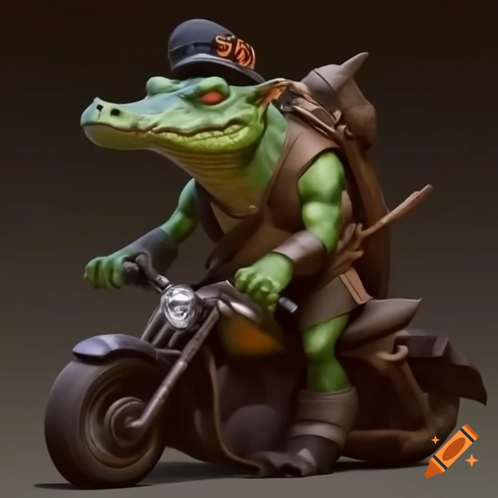 Crocodile goblin hybrid in leather outfit sitting on motorbike