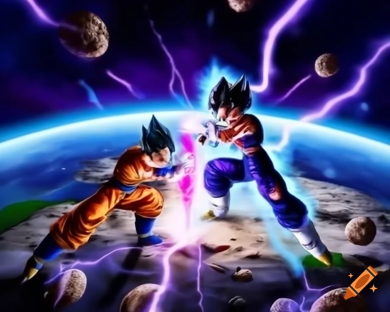 Anime battle scene between JoJo and Vegeta on rocky planet with floating debris