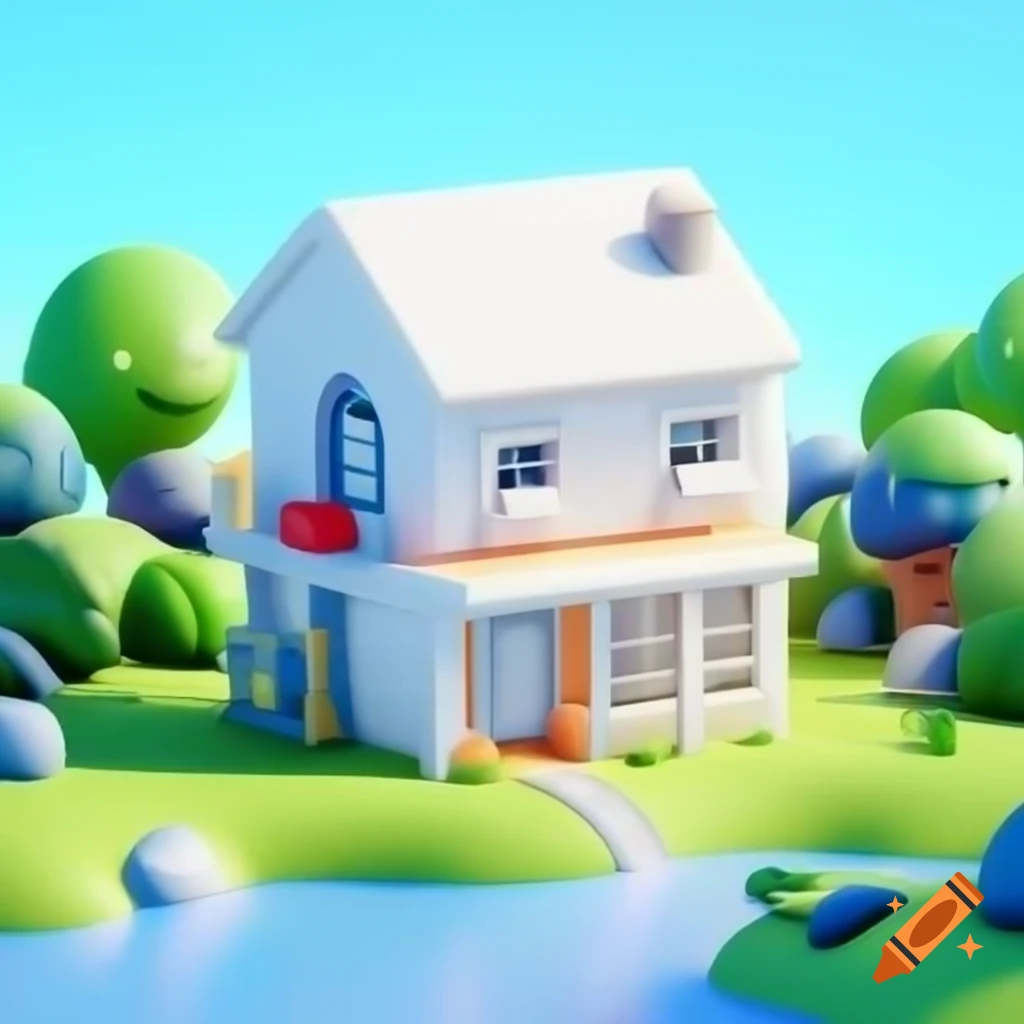 Kawaii 3D cartoon house with balconies by the river with kids and bobbleheads