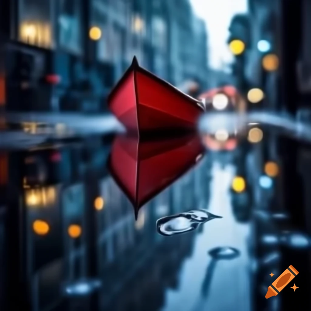 Red paper boat floating on puddle in rain with blue street background and bokeh effect