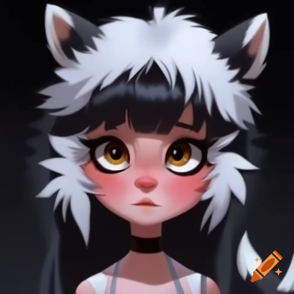 Shy girl with black and white hair, badger ears and tail