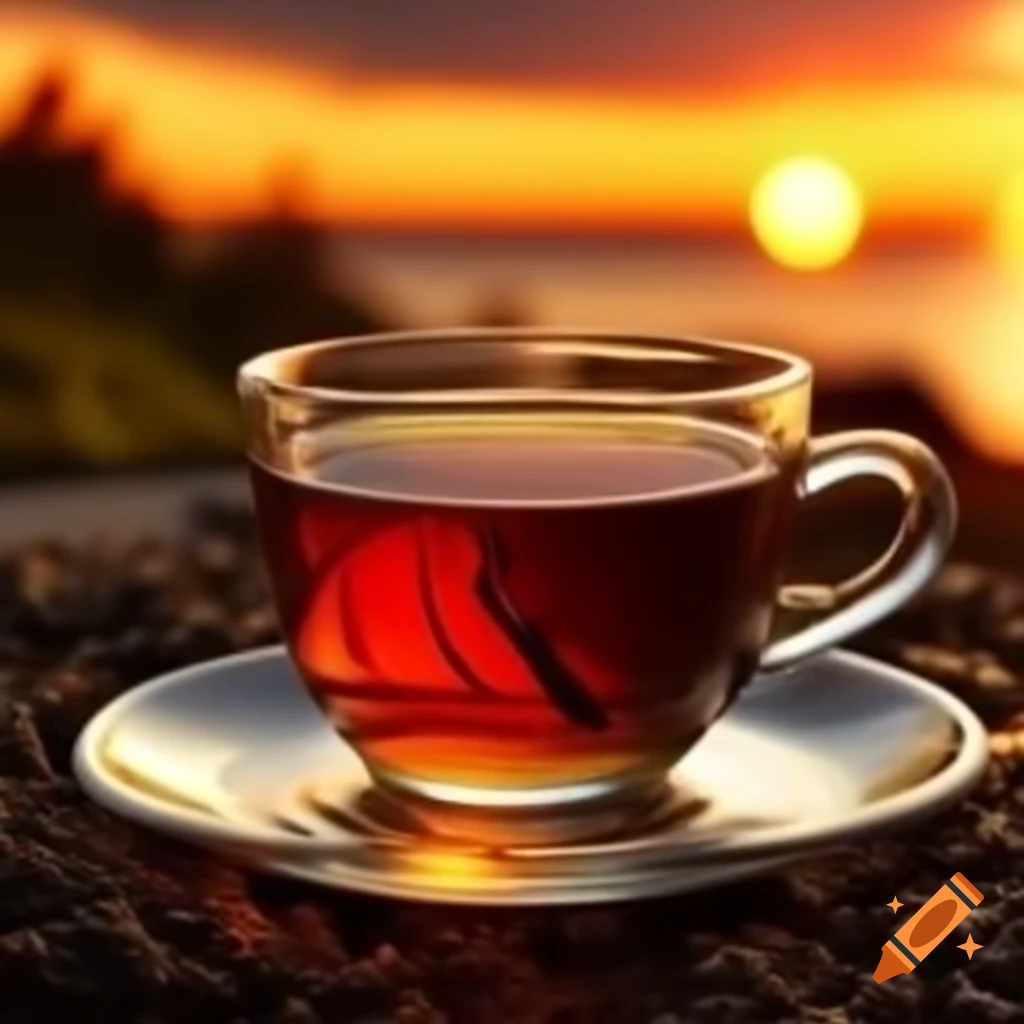Oolong tea cup with sunset backdrop