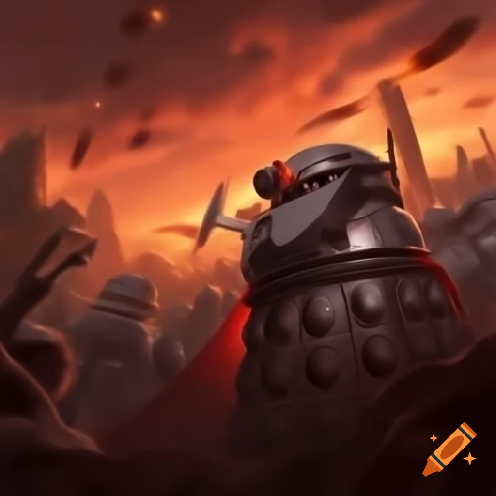 Gallifreyan Chancellery guards charging into battle among vortex explosions and futuristic debris