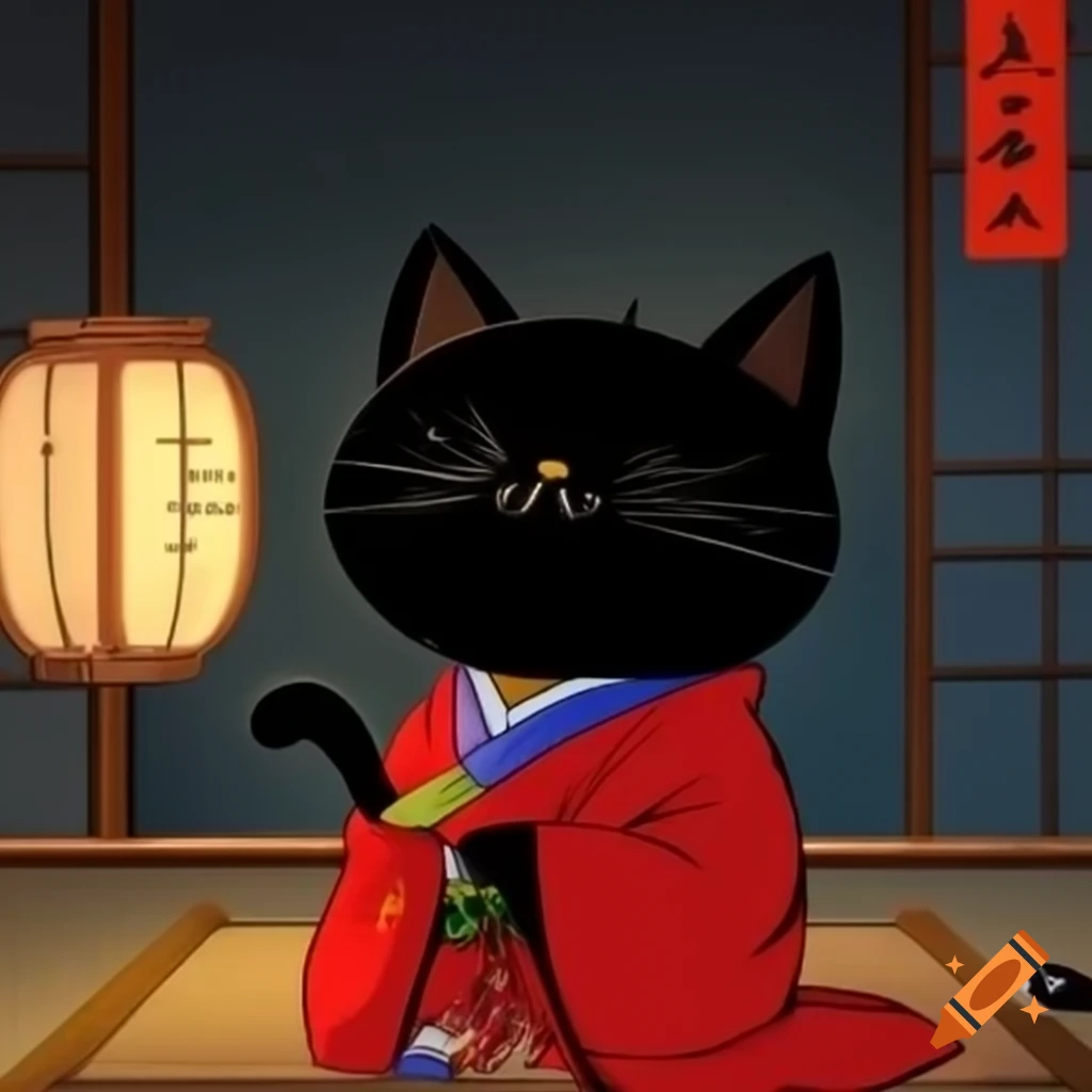 Black catfolk wearing a red robe, evoking Japanese oracle themes