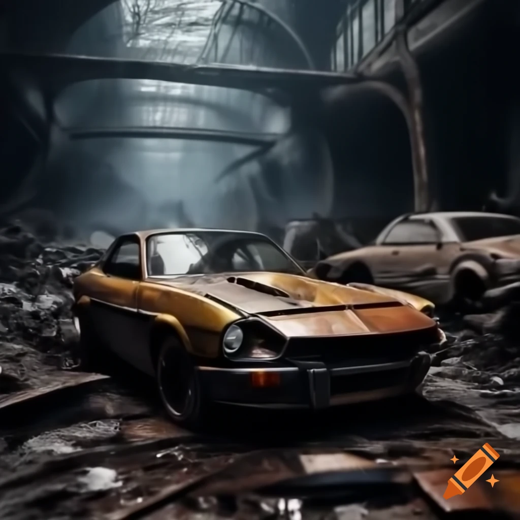 Ghosts swirling in dark night near rusty yellow Datsun in haunted junkyard