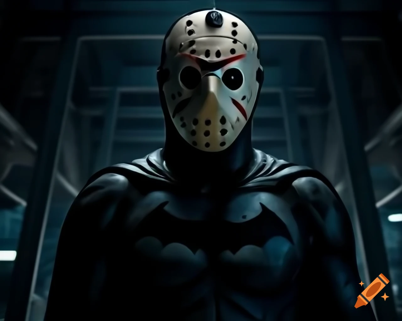 Concept artwork of a character blending Jason Voorhees with Batman elements