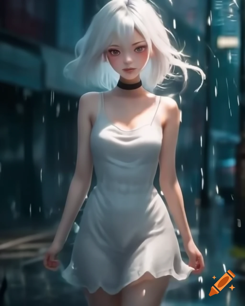 Anime-style woman with white hair in white dress on a rainy day