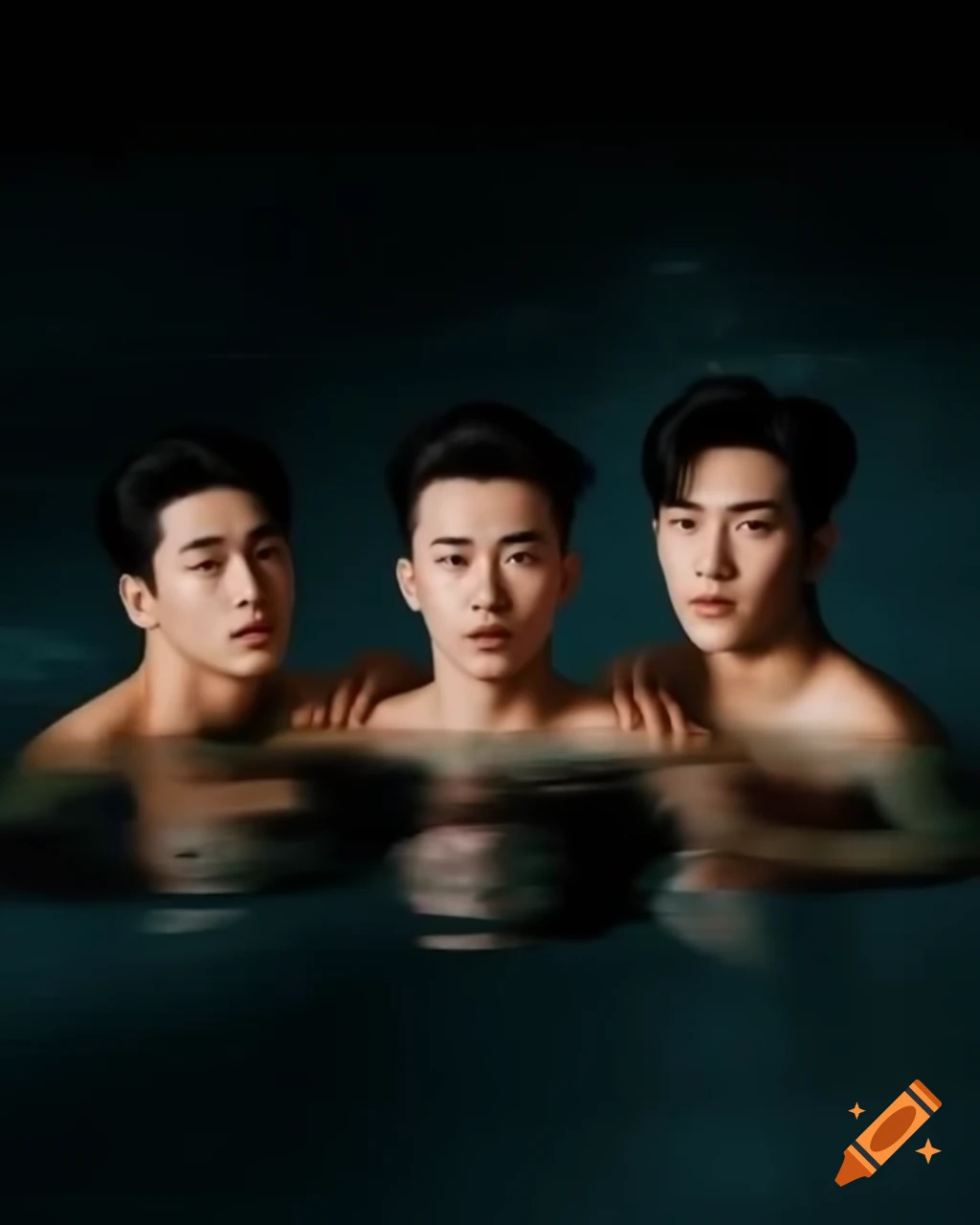Aesthetic movie poster featuring three Chinese male swimmers in love on dark swimming pool background