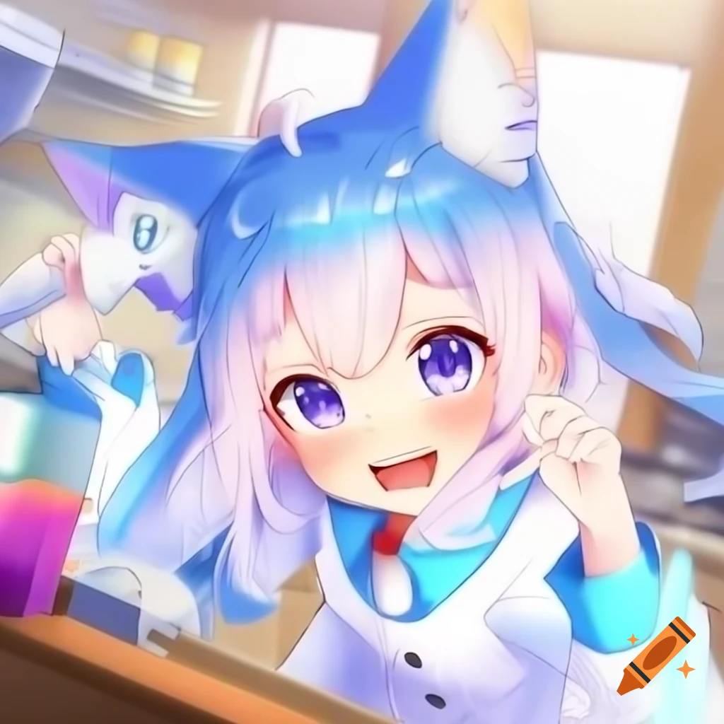 Cheerful anime girl with fox ears skipping through laboratory