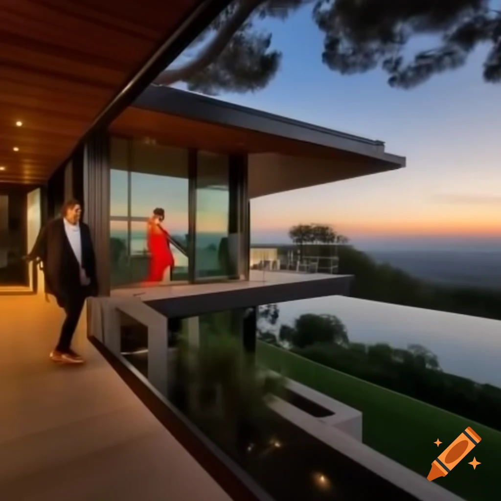 Elegant couple at modern villa with panoramic windows and sunset view