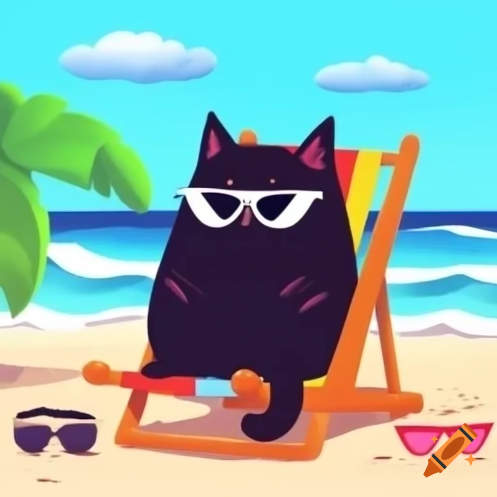 Cartoon black cat on beach chair wearing sunglasses