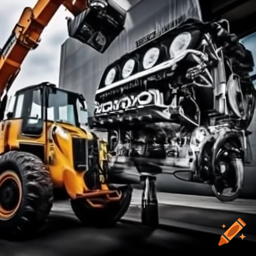 Front end loader lifting an engine at a construction site