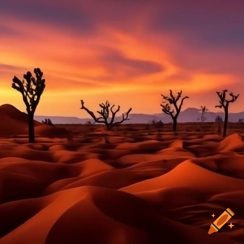 New Mexican Desert Landscape At Sunset With Bur Oak Trees On Craiyon