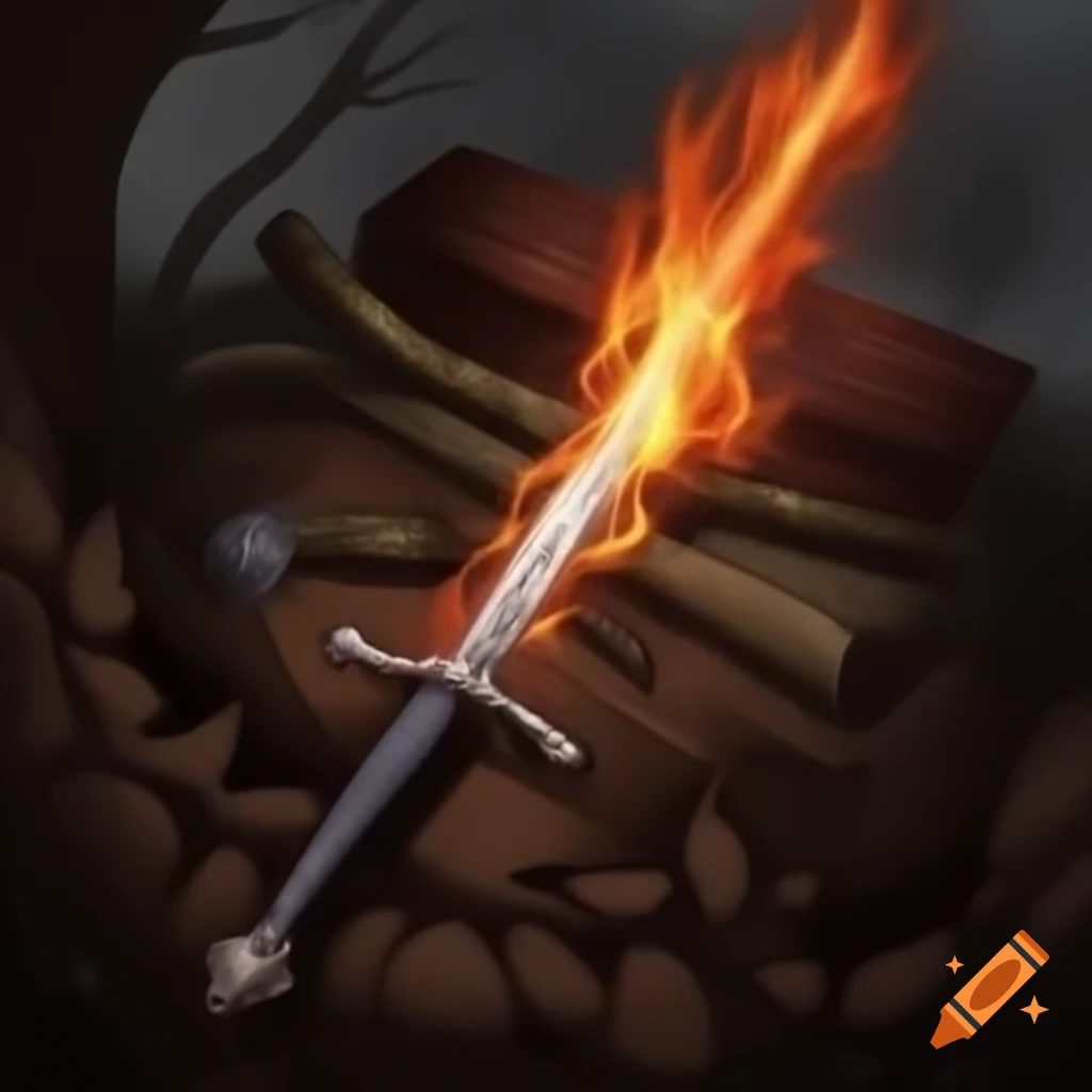 Twigs, sword, and fire arrangement