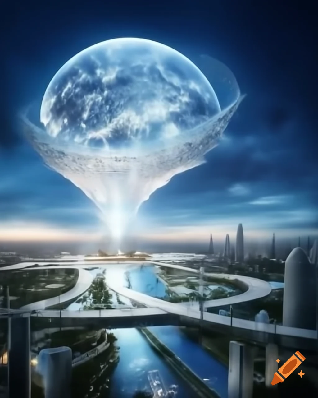 Futuristic cityscape with colossal glass and chrome structure