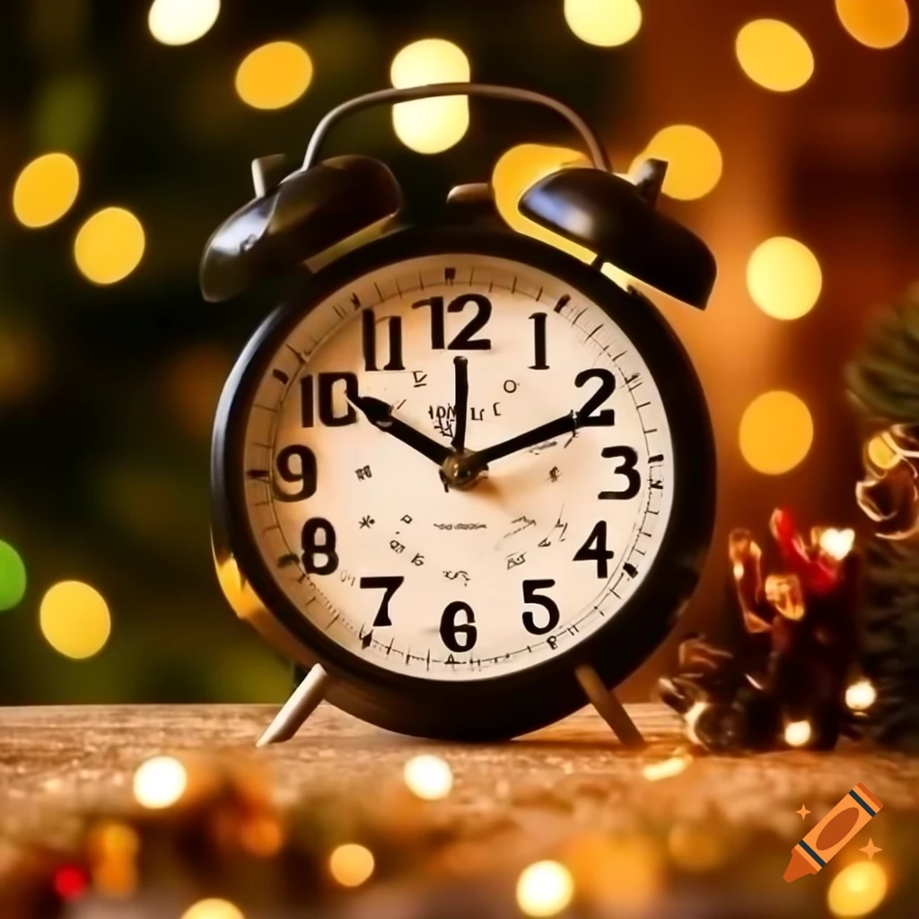 Old table clock with bokeh background and festive lights