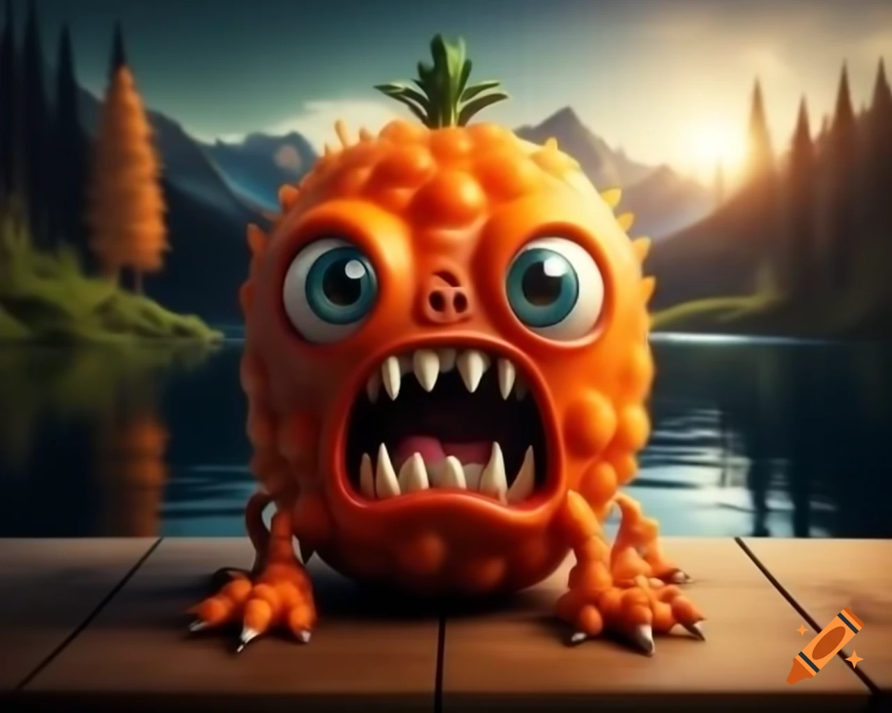 Hyper-realistic 3D orange monster with human features on wooden table