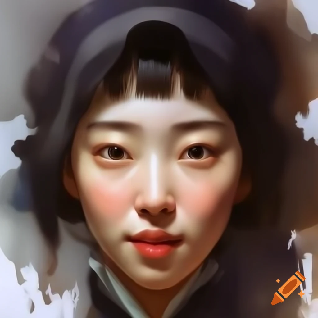 Detailed digital portrait of a charming Korean woman in watercolor style