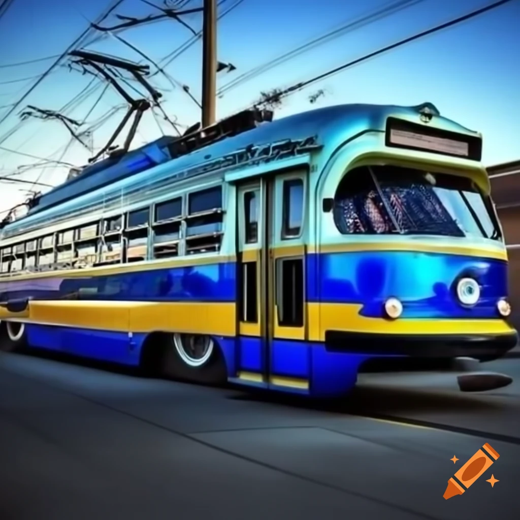 Lowrider tram featuring custom blue and yellow metallic paint job with rims and front spoiler
