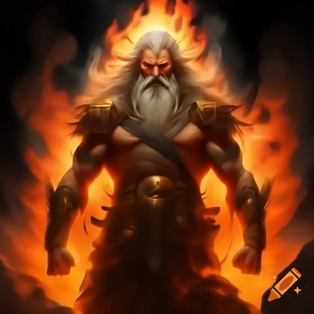 Slavic deity emanating fiery energy with billowing flames