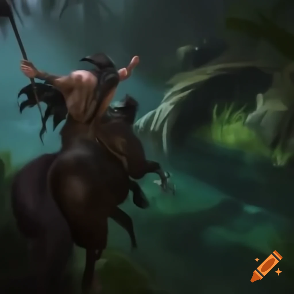 Headless horseman riding on bridge over wild water in dark forest